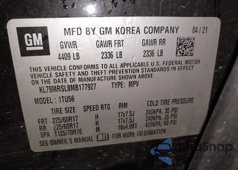 2021 Chevrolet Trailblazer Awd Lt z USA, uszkodzony, nr VIN KL79MRSL8MB177927